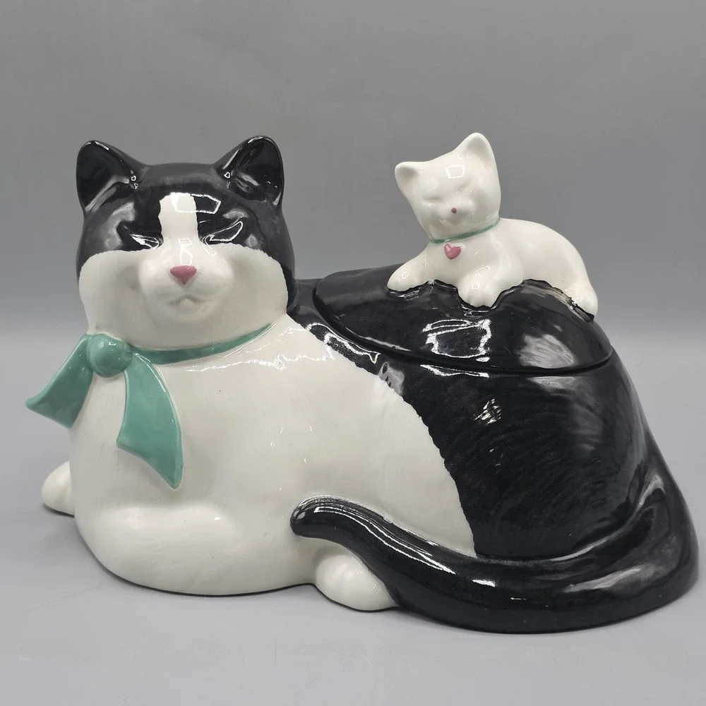Vintage Tuxedo Cat Cookie Jar Mama Kitty w Baby Kitten on Back as Lid USA Made
